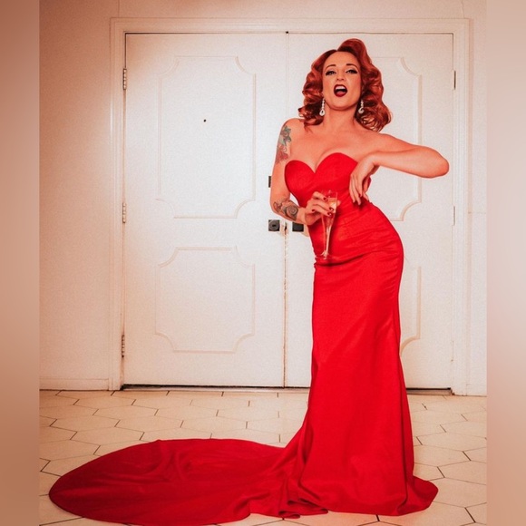 Red Custom Vintage Strapless Gown with Long Train - Picture 5 of 5